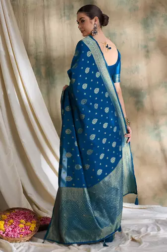 petrol blue banarasi art silk saree with classic weaving details 