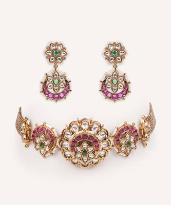 Gold plated pink stone kundan necklace set 1