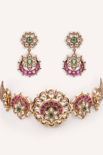 Gold plated pink stone kundan necklace set