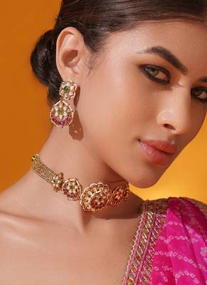 Gold plated pink stone kundan necklace set 2