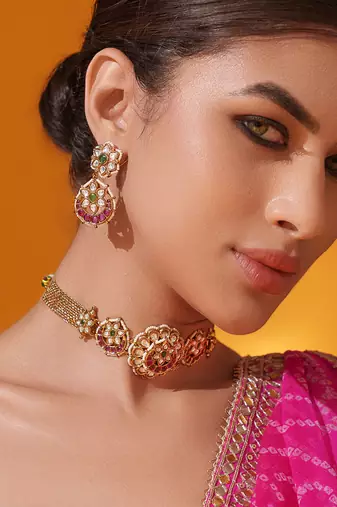 Gold plated pink stone kundan necklace set