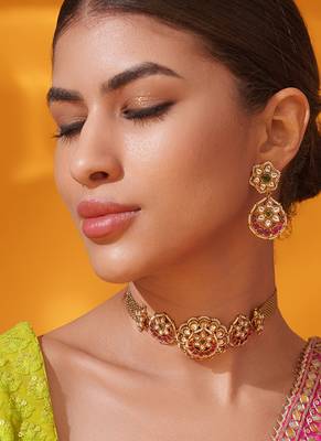 Gold plated pink stone kundan necklace set 3