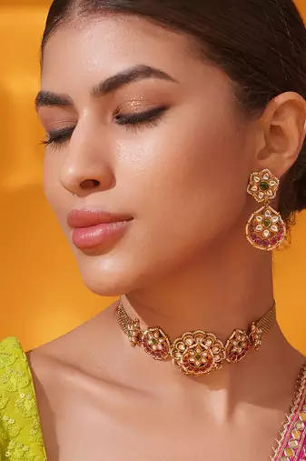 Gold plated pink stone kundan necklace set