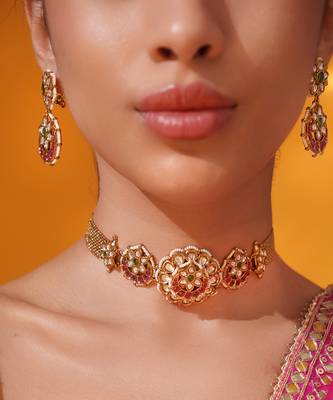 Gold plated pink stone kundan necklace set 4