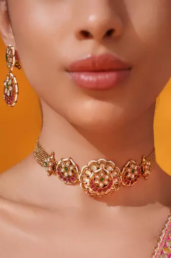 Gold plated pink stone kundan necklace set