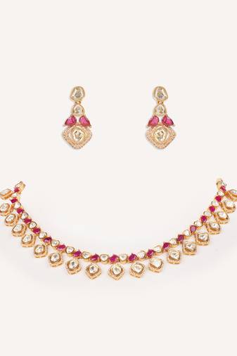 Gold plated red stone kundan necklace set