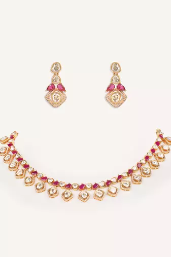 Gold plated red stone kundan necklace set