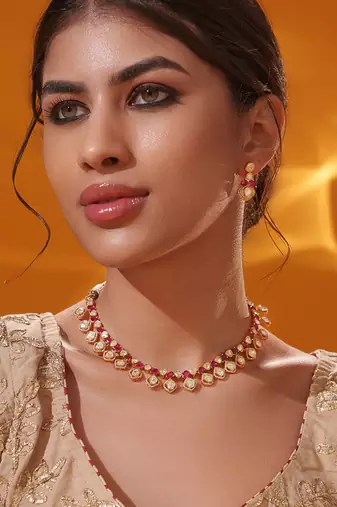 Gold plated red stone kundan necklace set