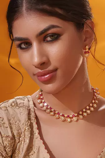 Gold plated red stone kundan necklace set