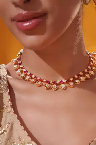 Gold plated red stone kundan necklace set