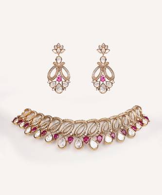 Gold plated red stone kundan necklace set 1