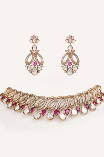Gold plated red stone kundan necklace set