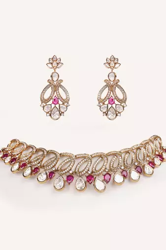 Gold plated red stone kundan necklace set