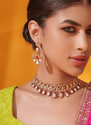 Gold plated red stone kundan necklace set 2