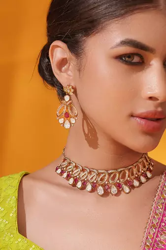 Gold plated red stone kundan necklace set