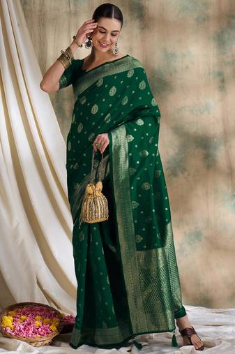 green banarasi art silk saree with exclusive weaving design 