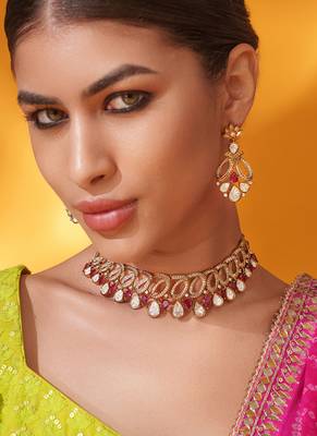 Gold plated red stone kundan necklace set 3