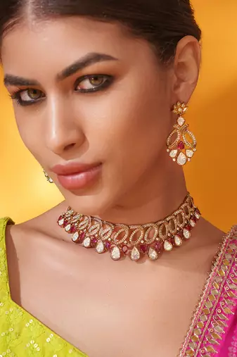 Gold plated red stone kundan necklace set