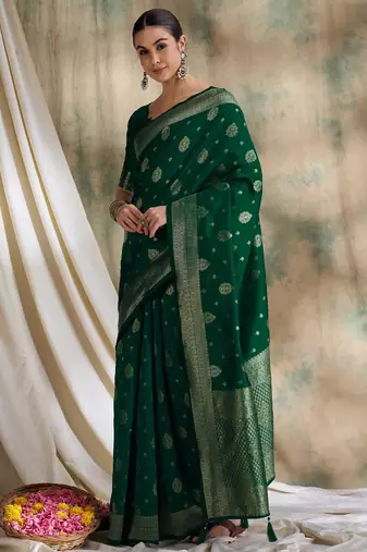 green banarasi art silk saree with exclusive weaving design 
