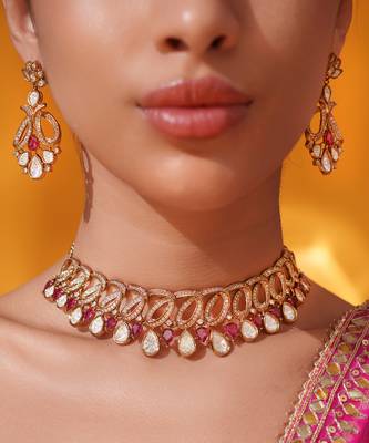 Gold plated red stone kundan necklace set 4