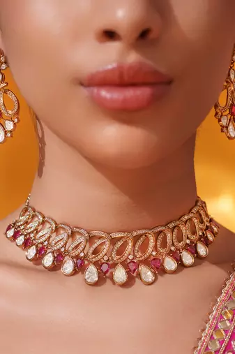 Gold plated red stone kundan necklace set