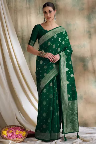 green banarasi art silk saree with exclusive weaving design 