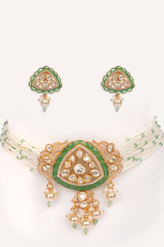 Gold plated green stone kundan necklace set