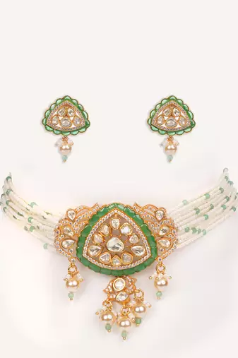 Gold plated green stone kundan necklace set