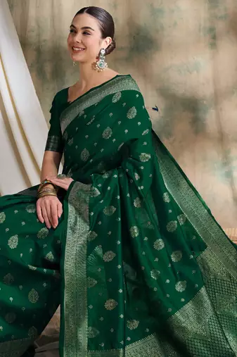 green banarasi art silk saree with exclusive weaving design 