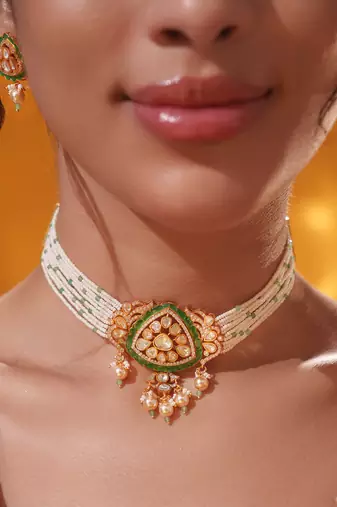 Gold plated green stone kundan necklace set