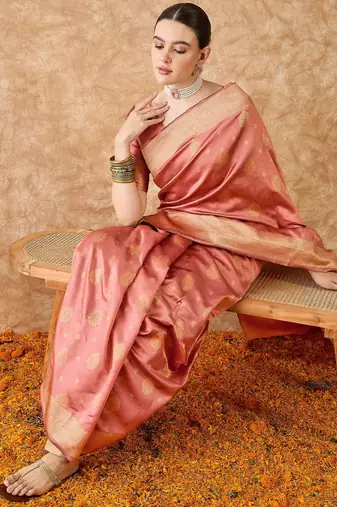 peach banarasi art silk saree for women with luxurious weaving 
