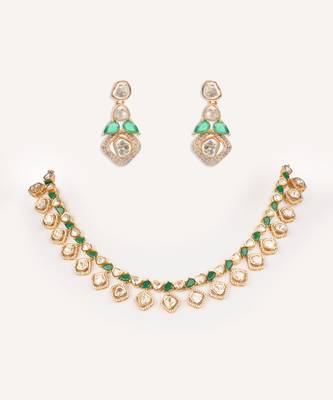 Gold plated green stone kundan necklace set 1