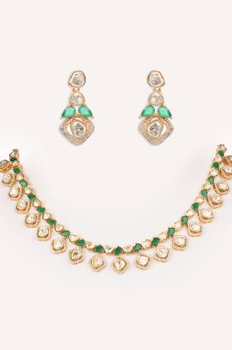 Gold plated green stone kundan necklace set