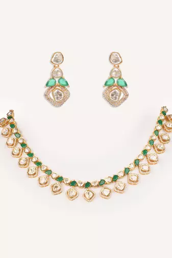 Gold plated green stone kundan necklace set