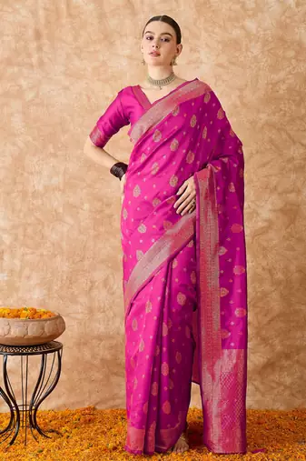 pink banarasi art silk saree with elegant weaving work 