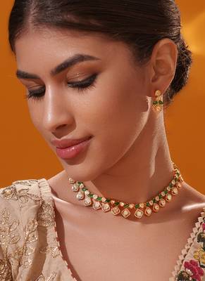 Gold plated green stone kundan necklace set 3