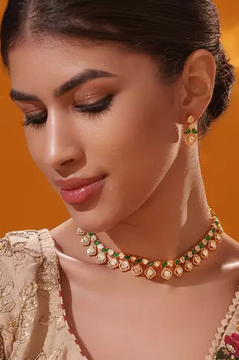 Gold plated green stone kundan necklace set