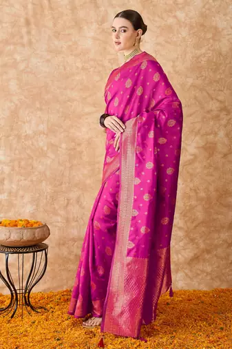 pink banarasi art silk saree with elegant weaving work 