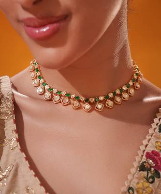 Gold plated green stone kundan necklace set 4