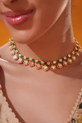 Gold plated green stone kundan necklace set