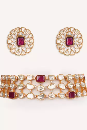 Gold plated red stone kundan necklace set