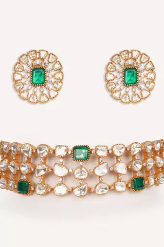 Gold plated green stone kundan necklace set