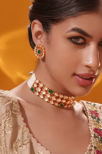 Gold plated green stone kundan necklace set