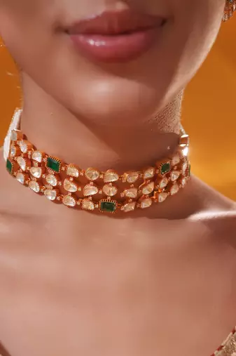 Gold plated green stone kundan necklace set