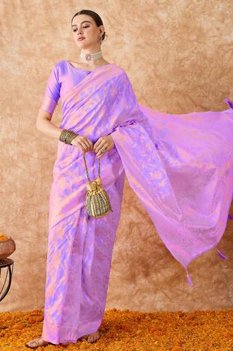 lavender banarasi art silk saree for women with fine weaving 