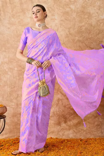 lavender banarasi art silk saree for women with fine weaving 