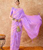 lavender banarasi art silk saree for women with fine weaving 