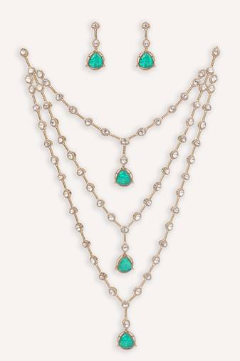 Gold plated green stone kundan necklace set
