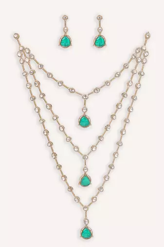 Gold plated green stone kundan necklace set