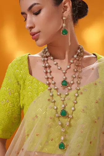 Gold plated green stone kundan necklace set
